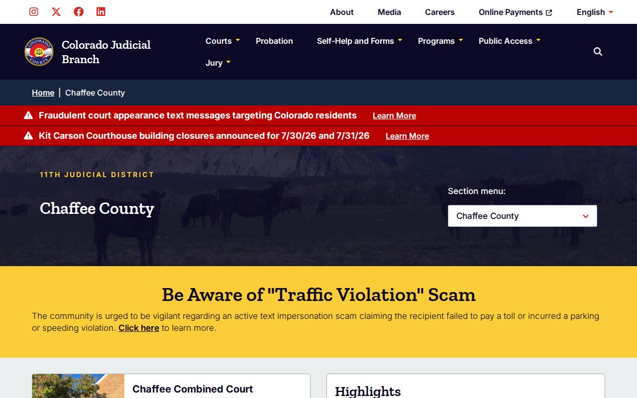 Official Chaffee Combined Court services and hours page