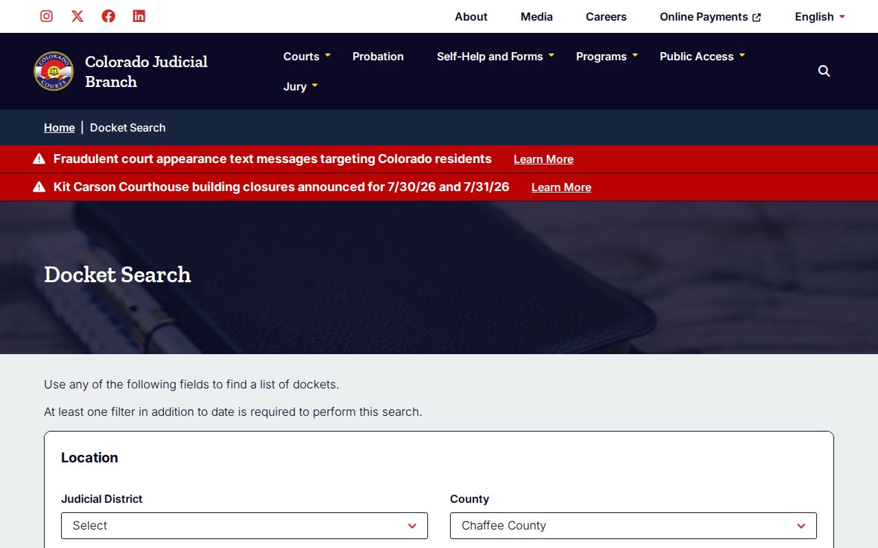 Colorado Judicial docket search filtered to Chaffee County criminal court hearings
