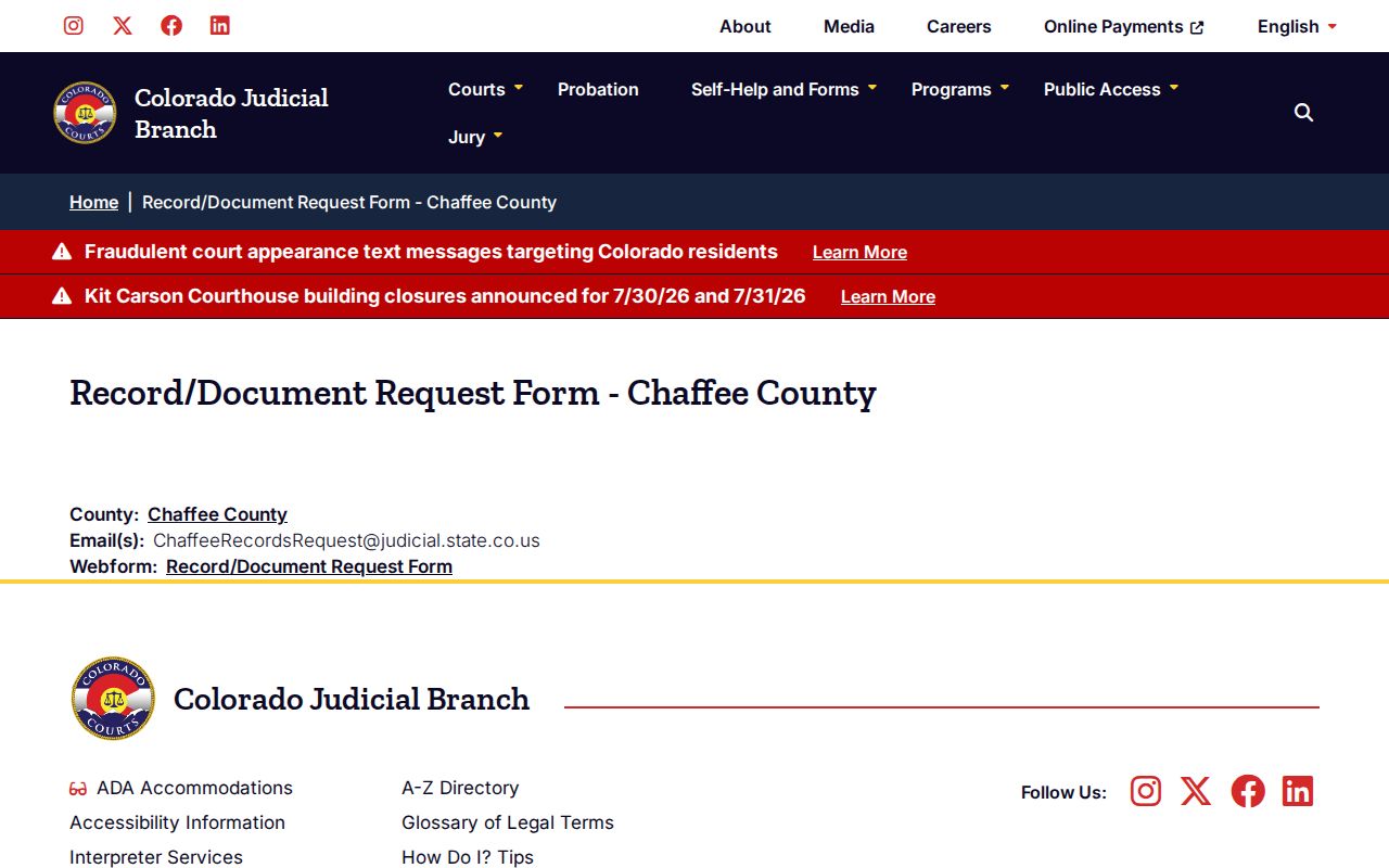 Chaffee Combined Court clerk record and document request page