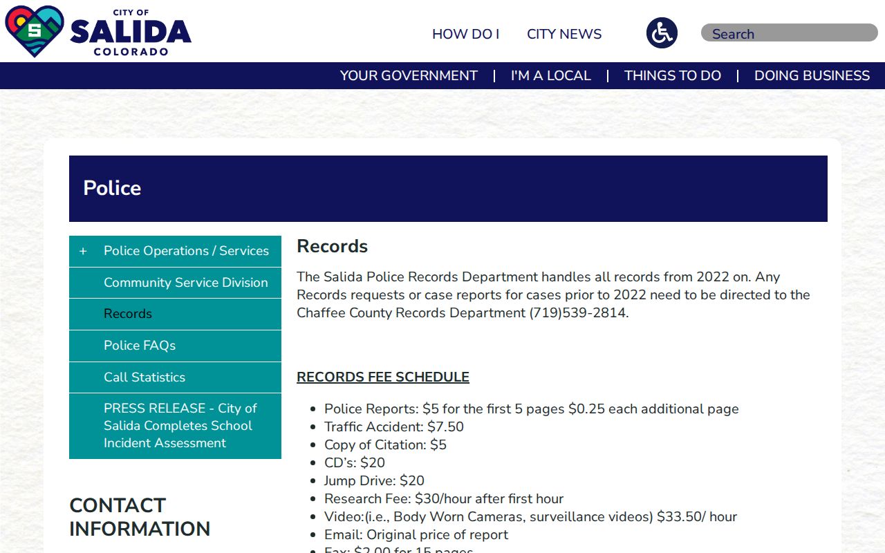 Salida criminal records page showing the 2022 police report cutoff